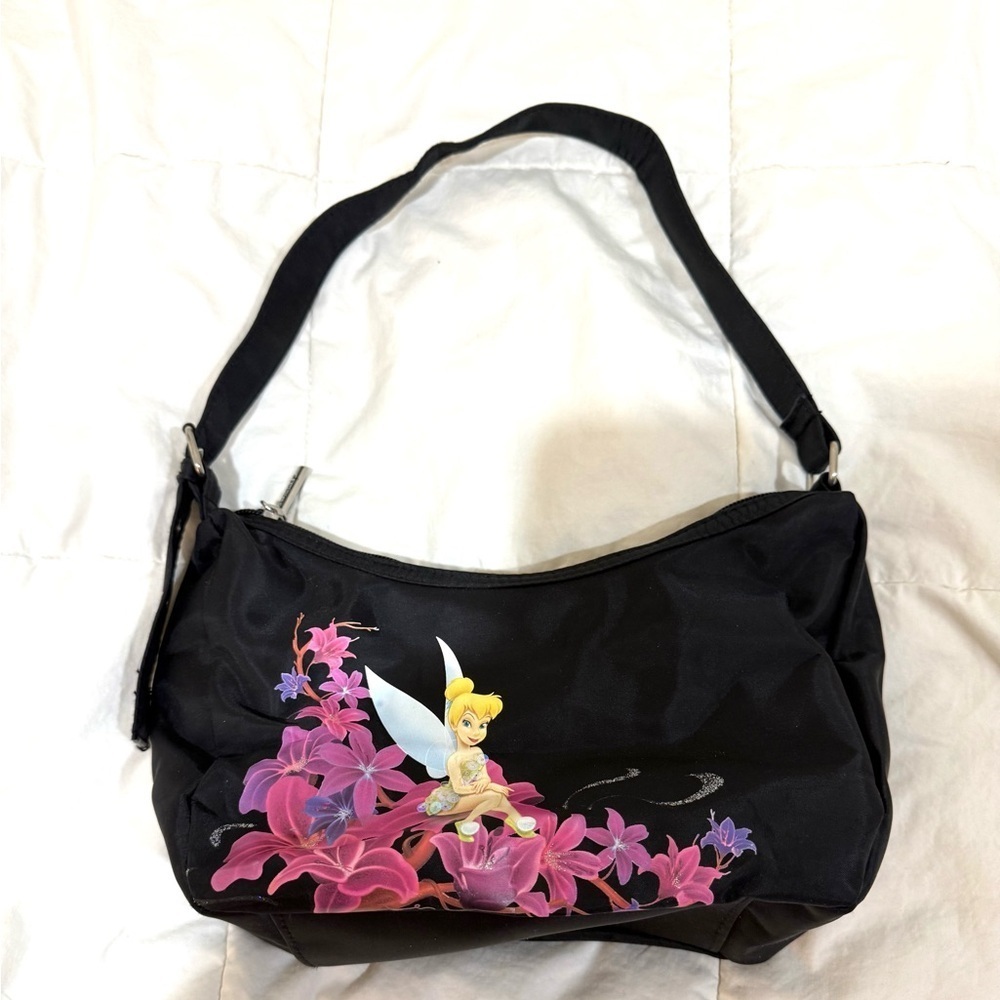 Disney Black Shoulder Bag with Fairy and Pink Floral Design
